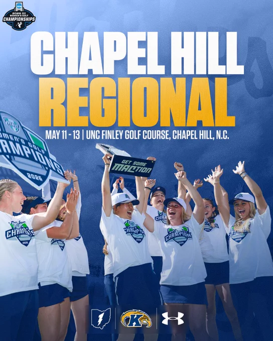 A group of people in matching white shirts and caps celebrate with arms raised and holding signage, beneath a banner announcing the "Chapel Hill Regional" at the UNC Finley Golf Course, Chapel Hill, N.C. Logos for NCAA, Kent State University, and Under Armour are visible.
