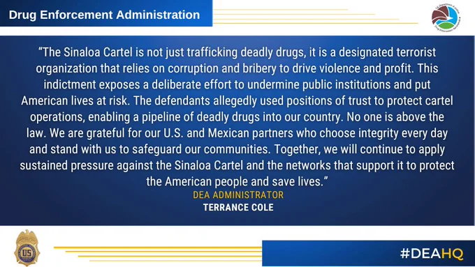 Statement from DEA Administrator Terrance Cole condemning the Sinaloa Cartel as a terrorist organization threatening public safety and law enforcement.