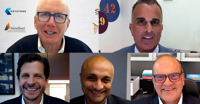 Capital Markets Webinar participants, clockwise: Barry Mandinach (Virtus), Joe Terranova (Virtus), Michael Sansoterra (Silvant Capital Management), Kunal Ghosh (Virtus Systematic), and David Albrycht (Newfleet)