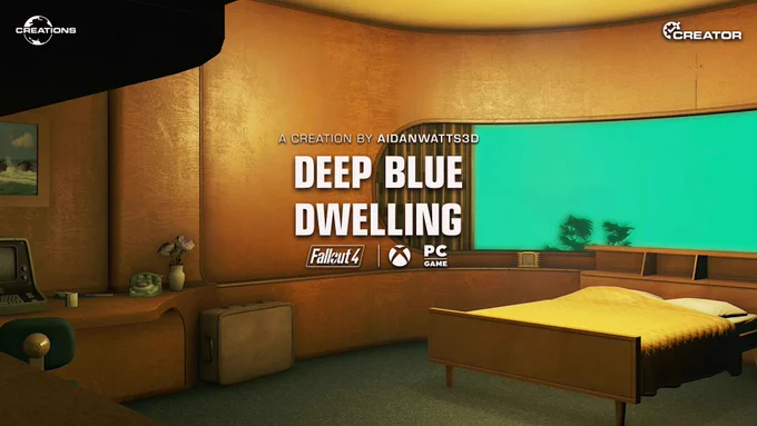 "Creation by AidanWatts3D: Deep Blue Dwelling, is available for Fallout 4 on Xbox and PC" Pictured in the background is an old untouched prewar underwater home. The home features a fully custom environment inspired by 1950s retrofuturism. With exaggerated unique sweeping curves and shapes, as well as the use of comfortable materials such as warm woods and fabrics, to make the home feel cosy and inviting.