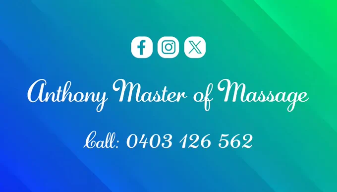 Details below:

Call: 0403 126 562
Website: www.anthonymasterofmassage.com.au
Email: anthonymasterofmassage@gmail.com
FOLLOW on TWITTER/X: https://twitter.com/A_MasterMassage
FOLLOW on INSTAGRAM: https://www.instagram.com/a_mastermassage/
LIKE on FACEBOOK: https://www.facebook.com/anthonymasterofmassage1

#Massage #MassageTherapist #BookNow #Appointment #NewDay #Monday #Tuesday #Wednesday #Thursday #Friday #HealthAndWellbeing #FeelGood #Health #Body #Mind #Happy #Life #HealthyLifestyle #StayHealthy #HealthIsWealth #TakeCare #SelfCare