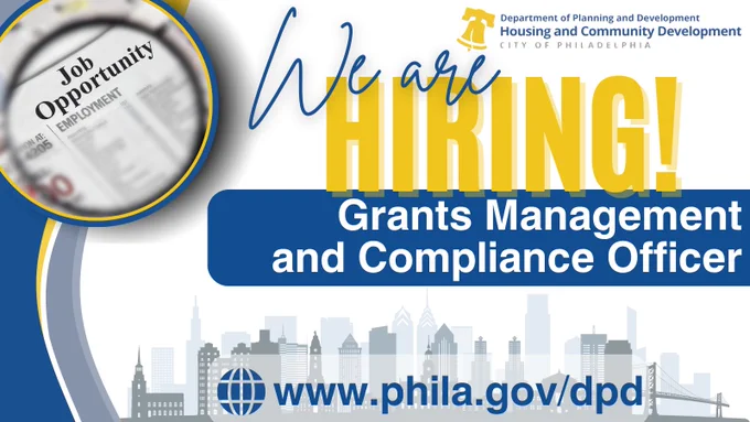 Text over graphic reads: we are hiring! Grants Management and Compliance Officer