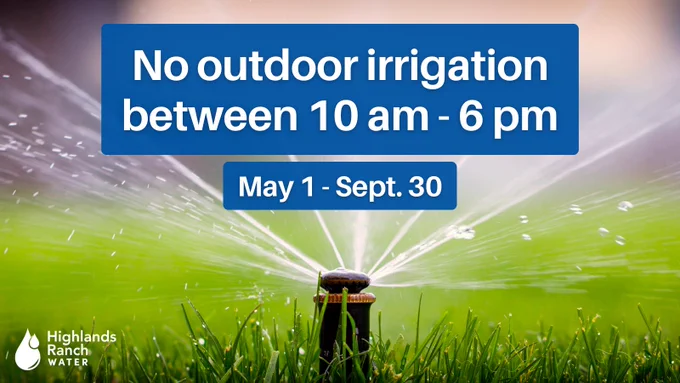 Sprinkler head spraying water on green grass and a text overlay that says, "No outdoor irrigation between 10 am - 6 pm. May 1 - Sept. 30."