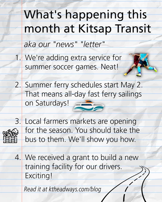 An image with the heading "What's happening this month at Kitsap Transit" and a list of stories from the April 2026 newsletter. 

Story 1: Extra service for summer soccer games

Story 2: Summer ferry schedules start May 2.

Story 3: How to get to farmers markets on transit

Story 4: Kitsap Transit received a grant for a new bus driver training facility. 