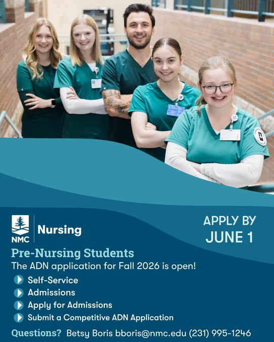 A group of individuals in green scrubs stands together, smiling in a hallway, representing NMC Nursing. The image promotes applications for Fall 2026 Pre-Nursing Students, with details about self-service admissions and contact information for Betsy Boris. The deadline is June 1.