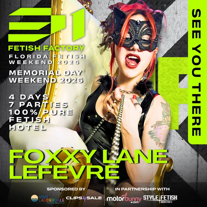 Dedicated to giving all she's got on stage, it's Foxxy Lane Lefevre dancing at our Florida Fetish Weekend 2026 this Memorial Day weekend in sunny Fort Lauderdale!