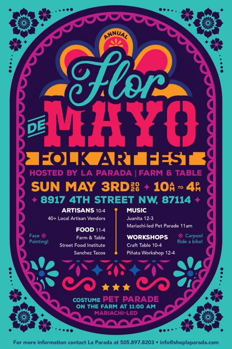 Colorful poster for the Annual Flor de Mayo Folk Art Fest on May 3rd with artisan vendors, food, music, and workshops at 8917 4th Street NW.