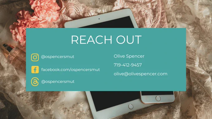 A contact card over a lace fabric with flowers includes Instagram, Facebook, and email details for Olive Spencer, displayed on tablets and a phone.