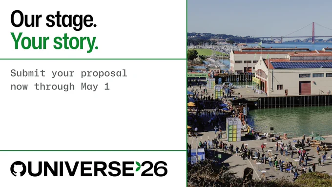 A promotional graphic for Universe 2026. The left side reads "Our stage. Your story. Submit your proposal now through May 1." The right side shows a busy waterfront scene with the Golden Gate Bridge visible in the background.