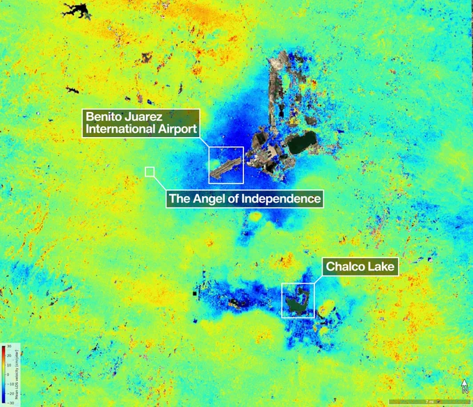 A satellite map of the Mexico City area shows land subsidence, with blue patches indicating the fastest rates of sinking compared to yellow and green patches. A color bar in the corner shows rate of change. The airport and a few landmarks are labeled. Credit: NASA