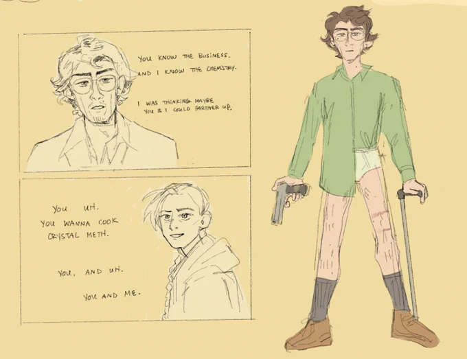 Digital sketch with a 2-panel comic on the left half and a fullbody drawing of viktor as walter white on the right half. The first panel of the comic is a bust of a serious viktor saying “you know the business and i know the chemistry. I was thinking maybe you & i could partner up.” the second panel is a bust of jinx looking at him incredulously, saying “you, uh, you wanna cook crystal meth. You and uh. You and me.” The fullbody drawing of viktor shows him holding a gun in one hand and a cane in the other. He is wearing a green dress shirt tucked partially into white briefs, and his pants are gone