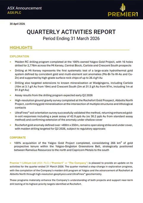 ASX: PLC | QUARTERLY ACTIVITIES REPORT - Period Ending 31 March 2026