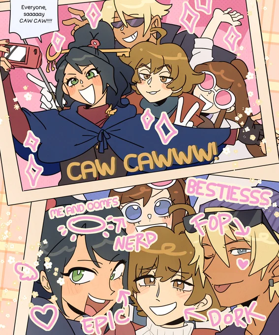 Ace Attorney fanart featuring Kay, Eustace, Klavier and Ema taking friend photos together. Kay is holding the camera in both cases and exclaiming, "Everyone say caw caw!" They're all smiling and in the second photo, there are arrows drawn on top of them, with the word epic pointing to Kay, nerd pointing to Ema, dork pointing to Eustace and fop pointing to Klavier.