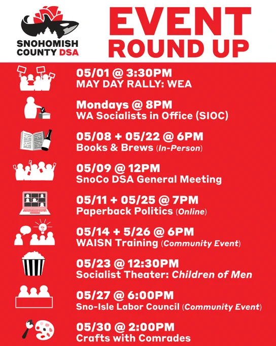 This is a graphic of a list of SnoCo DSA events. The top has text that says “May Event Round-Up” and bottom says “Details @ Snocodsa.org” The list of events are as follows:

05/01 @ 3:30PM
MAY DAY RALLY: Lynnwood
(Washington Education Association)

NEXT

Mondays @ 8PM
WA Socialists in Office (SIOC)

NEXT

05/08   05/22 @ 6PM
Books & Brews (In-Person)

NEXT

05/09 @ 12PM
SnoCo DSA General Meeting

NEXT

05/11   05/25 @ 7PM
Paperback Politics (Online)

NEXT

05/14   5/26 @ 6PM
Training: Rapid Response 
(Community Event - WAISN)

NEXT

05/23 @ 12:30PM
Socialist Theater
Screening: Children of Men

NEXT

05/27 @ 6:00PM 
Sno-Isle Labor Council Meeting
(Community Event)

NEXT

05/30 @ 2:00PM 
Crafts with Comrades

NEXT

Committee   Working Group Meetings
05/03  @ 11:00AM • International Solidarity 
05/05  @ 7:00PM • Political Education
05/07 @ 7:00PM • Membership
05/16 @ 11:00AM • Tech & Comms
05/19 @ 6:15PM • Labor & Strike Support
05/26 @ 7:00PM • Electoral