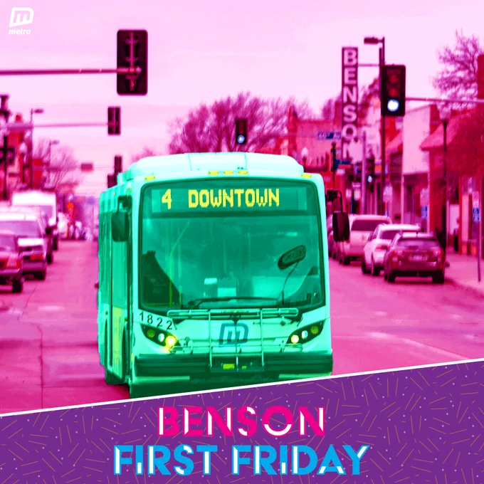 Pink, purple, and blue graphic of a Route 4 bus driving down Maple Street in the heart of Benson. Text below the bus reads "Benson First Friday"