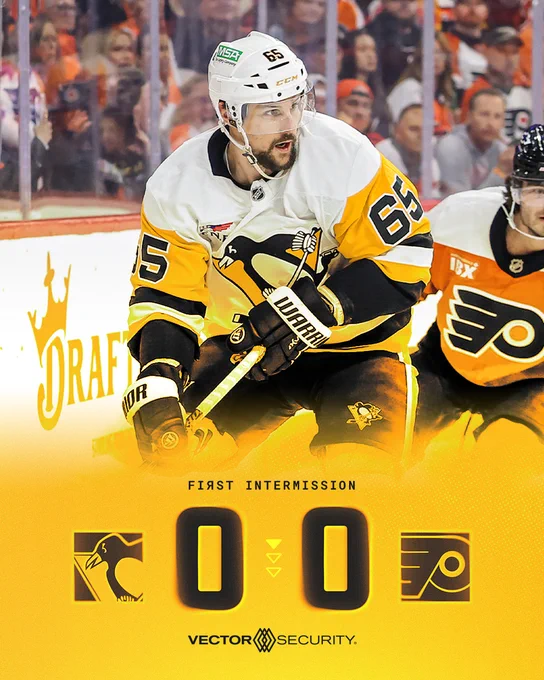 Photo of Erik Karlsson with text that shows the Penguins and Flyers are tied 0-0 after the first period in Philly. 