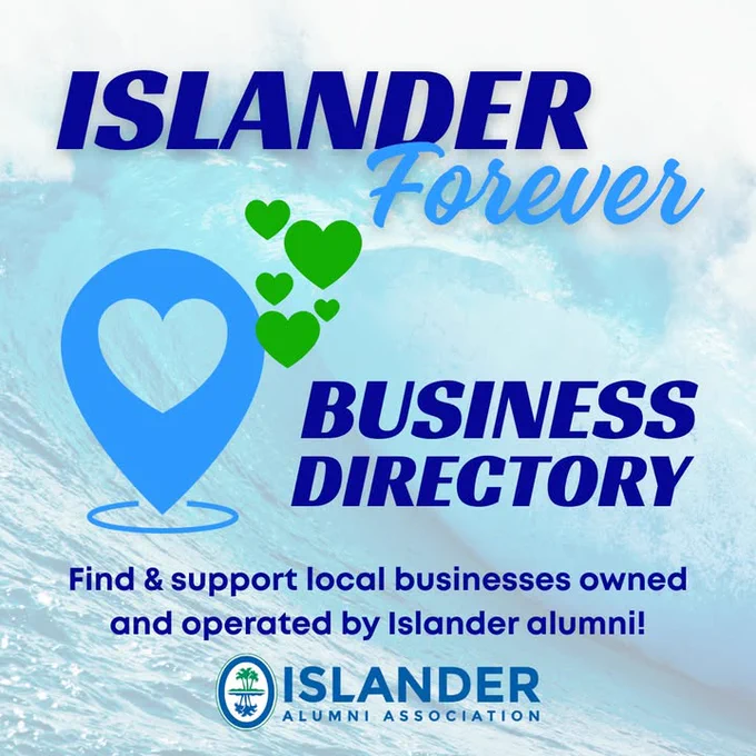 Promotional image for the Texas A&M University-Corpus Christi "Islander Forever Business Directory" by Islander Alumni Association. Features a heart inside a map pin and waves in the background, encouraging support for businesses owned by alumni.