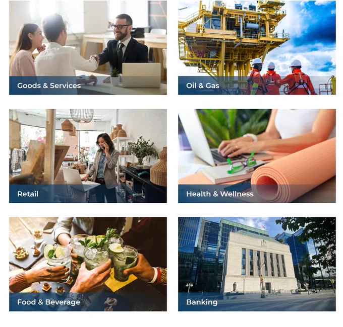 This image features a grid of six photos representing different industries: a person shaking hands for "Goods & Services," workers in safety gear near machinery for "Oil & Gas," a person talking on the phone in a shop for "Retail," a person using a laptop with a yoga mat for "Health & Wellness," people clinking glasses with beverages for "Food & Beverage," and a large building for "Banking.