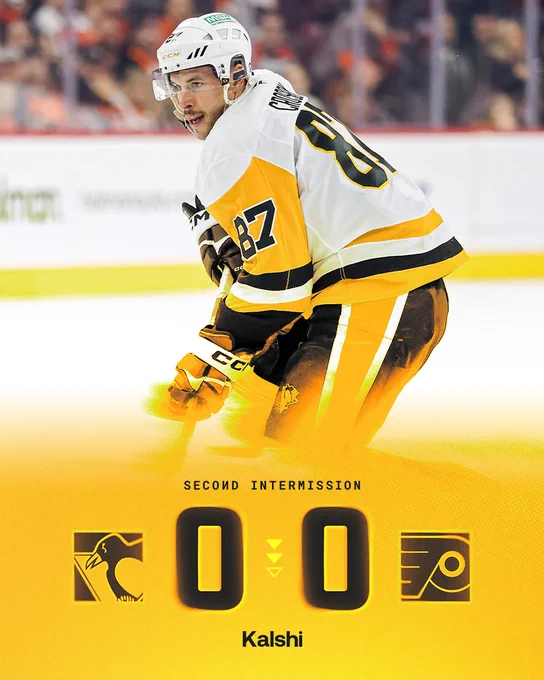 Photo of Sidney Crosby on the ice and text that shows the Penguins and Flyers are tied at 0-0.