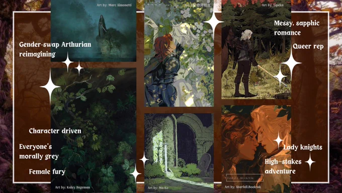 - Gender-swap Arthurian reimagining 
- Character driven
- Everyone’s morally grey
- Female fury
- Messy, sapphic romance
- Queer representation
- Lady knights
- High-stakes adventure