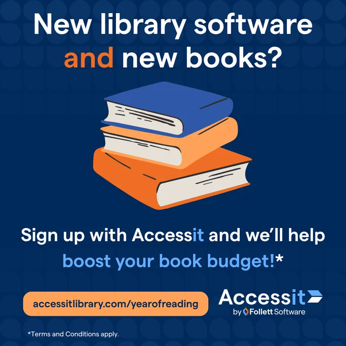 Illustration of books with message encouraging sign-up for Accessit to enhance library book budgets.