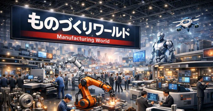 ロボットなどの展示会のイラスト。「ものづくりワールド」と書かれた看板が左上に見える。