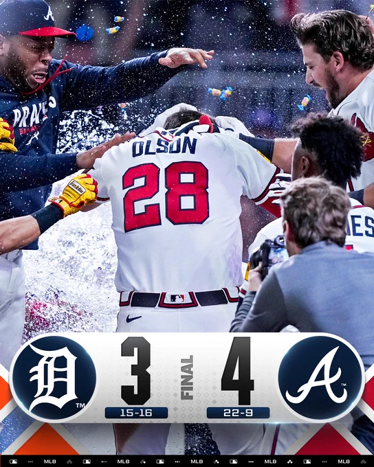 Final score: Detroit Tigers 3, Atlanta Braves 4
Team records: Tigers 15-16, Braves 22-9
Pictured: Matt Olson jumps into home plate as his teammates mob him with water, bubblegum, whatever they could get their hands on, following his walk-off two-run homer Wednesday at Truist Park
