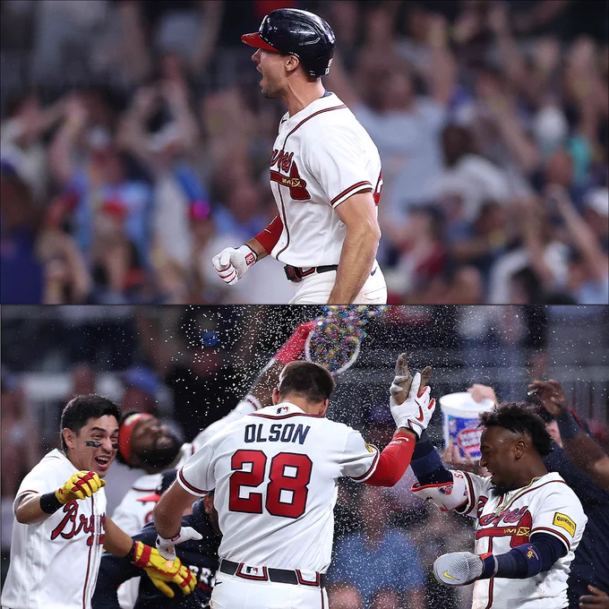 Top - Matt Olson shouts in celebration while rounding the bases after his walk-off home run on Wednesday night. He is wearing a white Atlanta Braves jersey and a dark blue Braves batting helmet.
Bottom - Matt Olson is showered with water and bubble gum by his teammates after his walk-off home run.