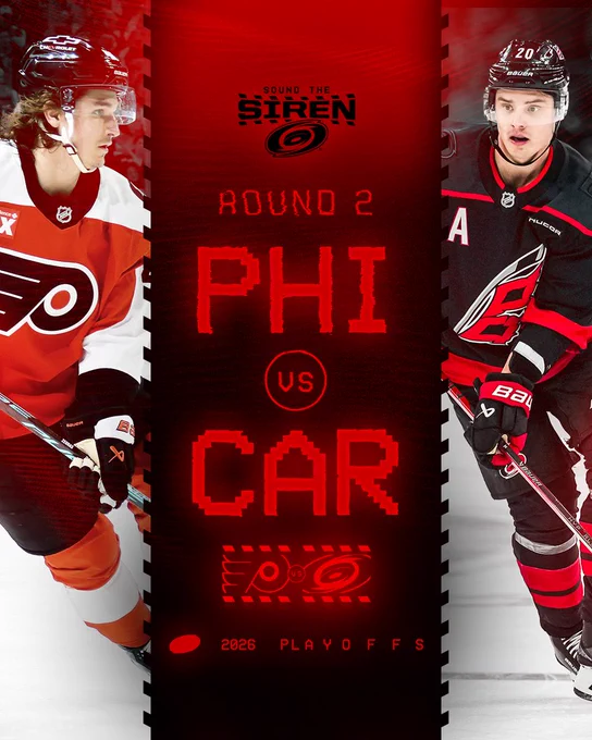 Graphic promoting Round 2 of the 2026 Stanley Cup Playoffs between Carolina and Philadelphia featuring Sebastian Aho and Trevor Zegras
