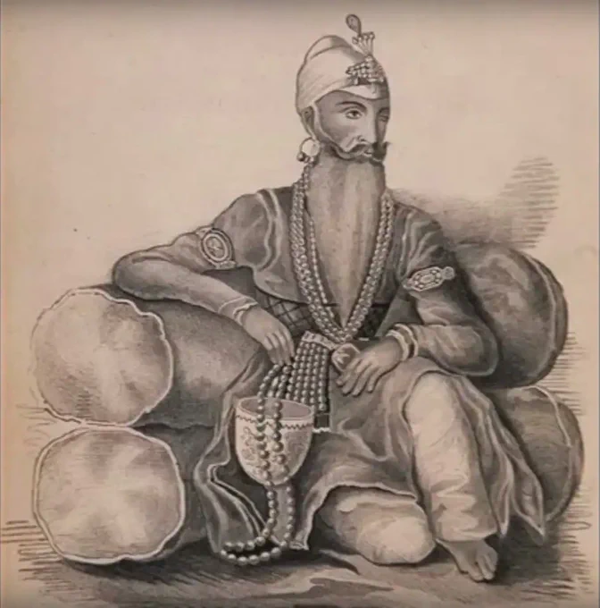 A portrait by a British artist of Maharaja Ranjit Singh, showing him wearing the Kohinoor armband Source: Fakir Aijazuddin