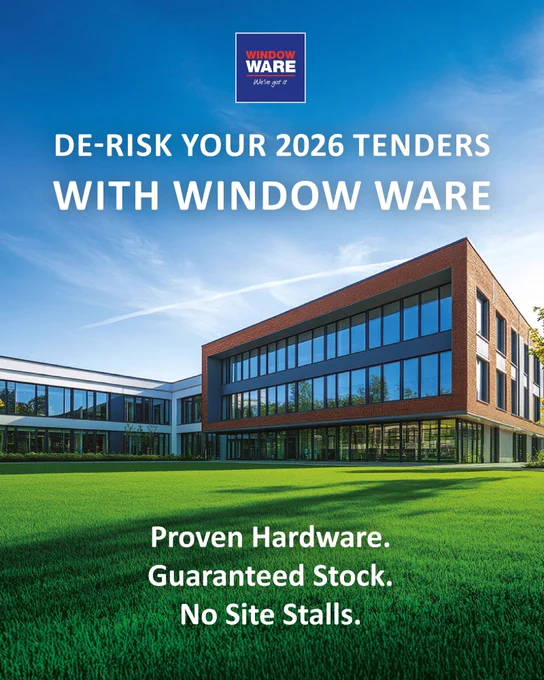 Contemporary school building surrounded by green lawn, advertising Window Ware's reliable hardware and guaranteed stock for 2026 summer tenders.