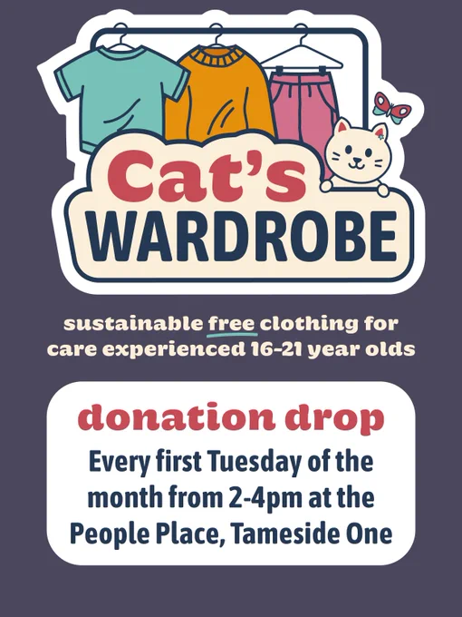 Promotional flyer featuring "Cat's Wardrobe" with images of clothes and a cartoon cat. It offers sustainable free clothing for care-experienced individuals aged 16-21. 