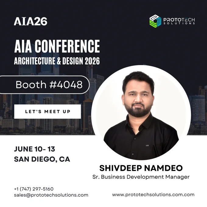 We are excited to announce that ProtoTech Solutions will be attending the AIA Conference on Architecture & Design 2026 in San Diego from June 10–13, 2026. 

This premier industry event brings together leaders across architecture, engineering, and construction to explore innovation, technology, and the future of design.

Our expert, Shivdeep Namdeo, will be there to connect, collaborate, and discuss how advanced 3D visualization, automation, CAD, BIM, and engineering solutions can support your projects and business growth.

📍 Visit us at Booth #4048
Explore the floor plan: https://aia26.mapyourshow.com/8_0/floorplan/?selectedBooth=booth~4048

Whether you are looking to streamline workflows, enhance product visualization, or integrate custom engineering solutions, we would be glad to connect.

📩 Schedule a meeting or reach out
📧 sales@prototechsolutions.com
📱  1 (747) 297-5160

We look forward to meaningful conversations and new opportunities at AIA 2026.