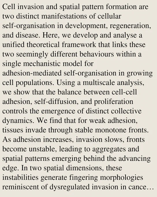 Cell invasion and spatial pattern formation are two distinct manifestations of cellular self-organisation in development, regeneration, and disease. Here, we develop and analyse a unified theoretical framework that links these two seemingly different behaviours within a single mechanistic model for adhesion-mediated self-organisation in growing cell populations. Using a multiscale analysis, we show that the balance between cell-cell adhesion, self-diffusion, and proliferation controls the emergence of distinct collective dynamics. We find that for weak adhesion, tissues invade through stable monotone fronts. As adhesion increases, invasion slows, fronts become unstable, leading to aggregates and spatial patterns emerging behind the advancing edge. In two spatial dimensions, these instabilities generate fingering morphologies reminiscent of dysregulated invasion in cancer. Crucially, we show that density-dependent regulation of adhesion suppresses these instabilities and restores cohesi