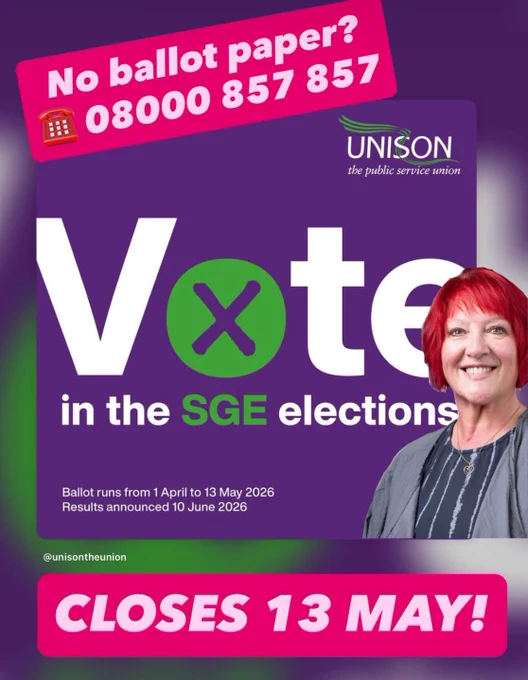 Vote in the SGE elections. Photo of Andrea. No ballot paper? 08000 857 857. Closes 13 May!