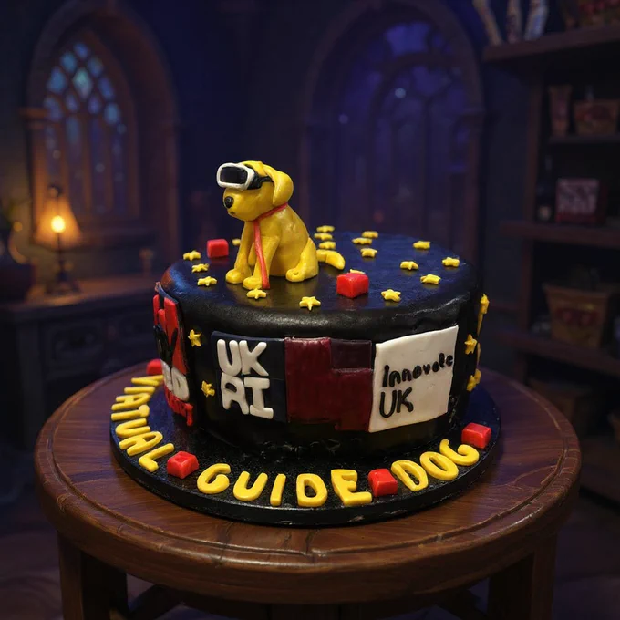 A round black cake on a wooden table in a rustic room. On top is a yellow dog figurine wearing a VR headset. The cake is decorated with yellow stars, red cubes, and the UKRI and Innovate UK logos. The base features the text "VIRTUAL GUIDE DOG" in bold yellow letters.