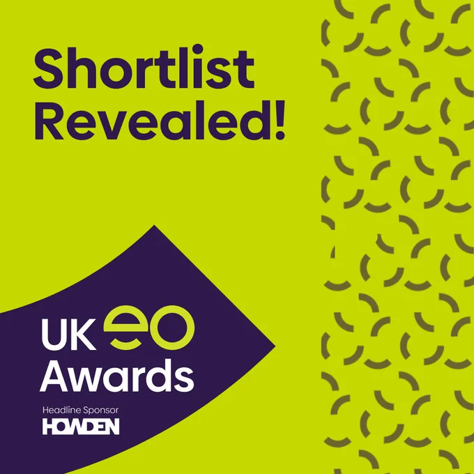 Text reading 'Shortlist Revealed!' on a light green background. Beneath are the logos for the UK EO Awards and headline sponsor Howden