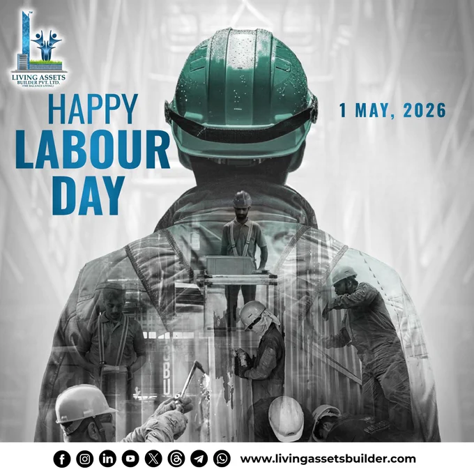 Double-exposure photo of a construction worker with a green helmet, showing workers in action within the silhouette. Text: "Happy Labour Day – 1 May 2026." Image by Living Assets Builder Pvt. Ltd., Chennai.