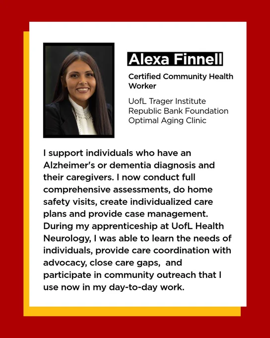 Photo of Alexa Finnell with a quote about working for the UofL Trager Institute Republic Bank Foundation Optimal Aging Clinic as a care navigator.