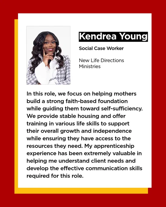 Photo of Kendrea Young and her quote about working for New Life Directions Ministries as a social case manager, supporting single mothers and their children..