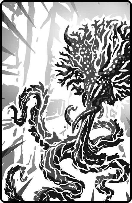 Horror illustration of the Luring Candle: a floating coral‑like head with a scaly trunk, four twisting vein‑covered tentacles, and a faint glowing foliage. Bioluminescent deep‑sea creature lurking in a dark crypt