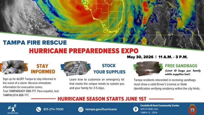 This image is an informational poster for the Tampa Fire Rescue Hurricane Preparedness Expo. The event is on May 30, 2026, from 11 a.m. to 3 p.m. It emphasizes staying informed, stocking supplies, and obtaining free sandbags. The background depicts a swirling hurricane graphic. Contact details and location are included at the bottom.