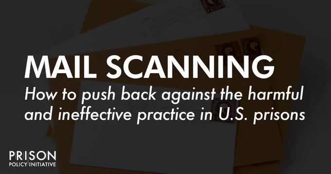 Infographic with text:
Mail Scanning — How to push back against the harmful and ineffective practice in U.S. prisons