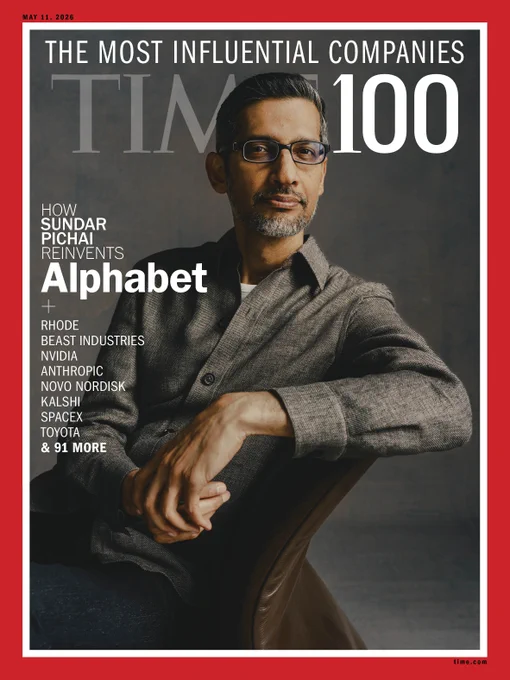 Sundar Pichai on a TIME 100 cover. The headline is "Most Influential Companies." It discusses Alphabet's reinvention. He sits with his arm draped on the back of a chair.