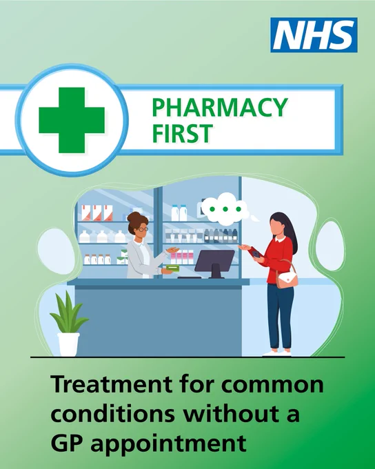 NHS Pharmacy First service offering treatment for common conditions without needing a GP appointment, showing a pharmacist assisting a customer.