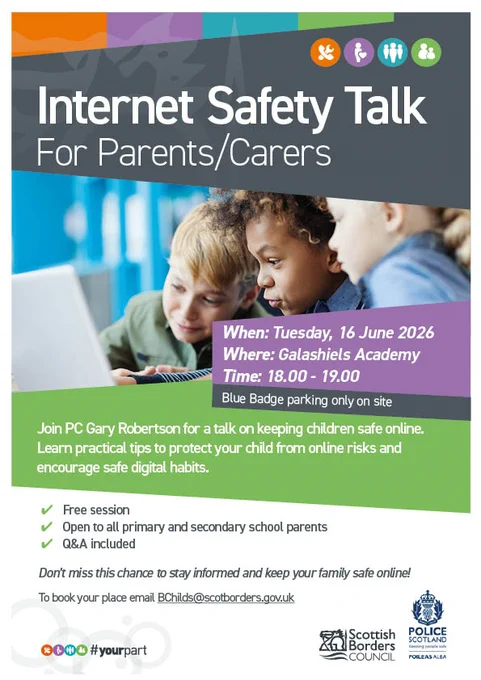 Internet Safety Talk poster with three children looking at computer screen. with relevant information: When Tuesday, 16 June 2026. Where Galashiels Academy. Time: 18:00 - 19:00.