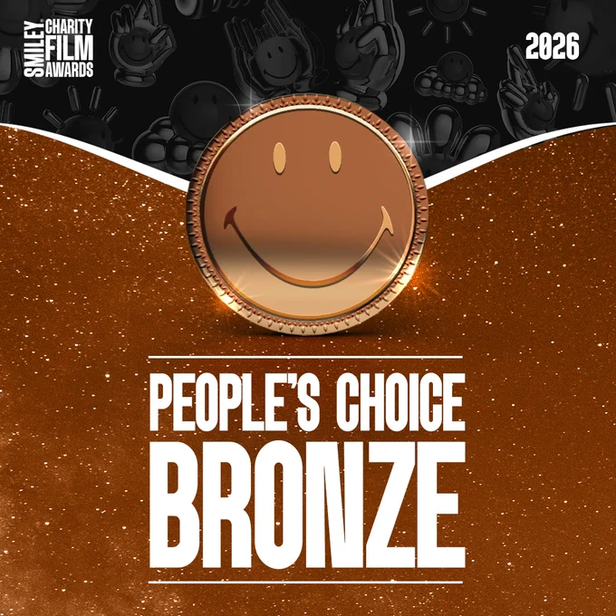 Graphic of a sparkly bronze background, with a large bronze smiley face icon. Below, in large white capitalised text, reads 'People's Choice bronze'. In the top left corner is the Smiley Charity Film Awards logo. In the top right corner reads '2026'.