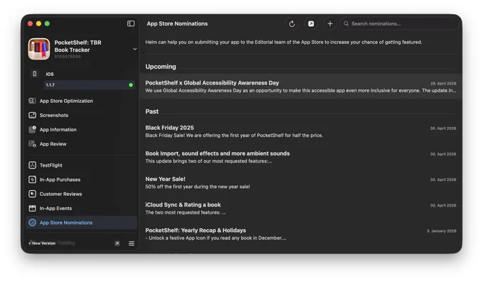 Screenshot of Helm showing the app PocketShelf with the "App Store Nomination" option selected. The only upcoming event is called "PocketShelf x Global Accessibility Awareness Day".