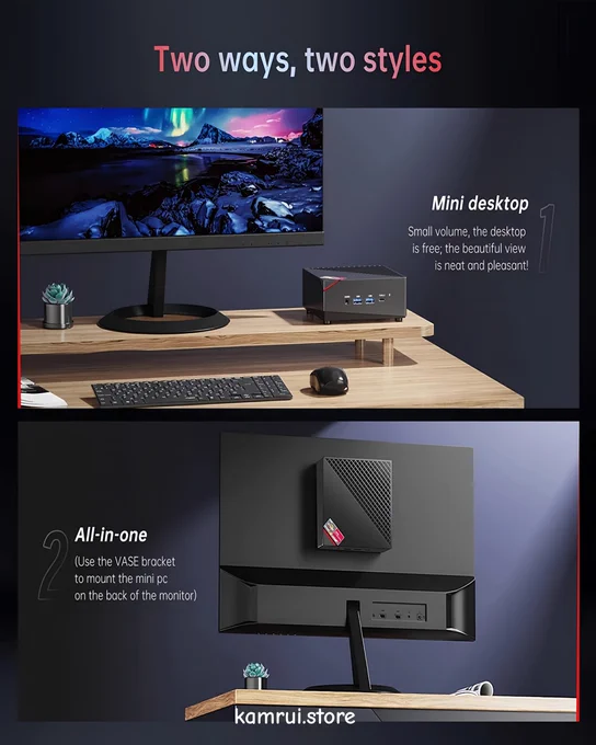Two ways. Two styles. One KAMRUI.

✅ Mini desktop – clean & beautiful
✅ All-in-one – mount behind monitor (VASE bracket)

Your desk. Your rules.

👉 https://kamrui.store

#KAMRUI #MiniPC
