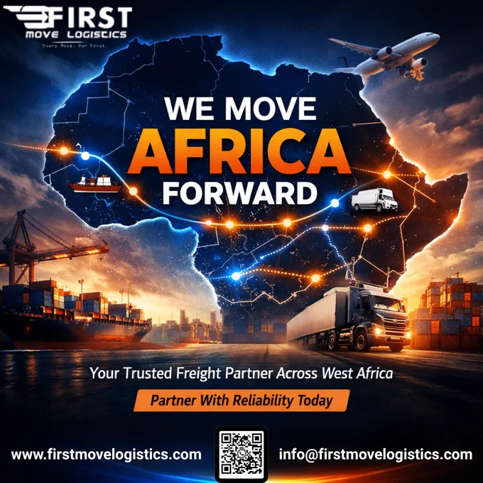 We move Africa forward 🌍🚛✈️🚢

At First Move Logistics, we connect businesses across West Africa through reliable freight forwarding, seamless transportation, and trusted logistics solutions. From ports to final destinations, we ensure your cargo moves efficiently across borders and markets.

Your trusted freight partner across Africa — delivering reliability every step of the way.

🌐 Connect with us
🌍 www.firstmovelogistics.com

📧 info@firstmovelogistics.com

🔗 Our Social Handles

First Move Logistics
Facebook : https://www.facebook.com/firstmovelogistics

Instagram : https://www.instagram.com/firstmovelogistics

LinkedIn : www.linkedin.com/company/first-move-logistics

Twitter/X : https://x.com/FirstMoveLog

YouTube : https://youtube.com/@firstmovelogisticsfml?si=P-EHSC7J_T-mqxfr

FML Trading
Facebook : https://www.facebook.com/fmltradingsa

Instagram : https://www.instagram.com/fmltradingsa?igsh=eDF3b3FmbHczYjU0

LinkedIn : www.linkedin.com/in/mrsulomaohajiudu
